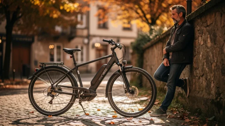 Homme de 33 ans appuyé sur un mur près d’un vélo électrique my velo en pleine lumière d’automne