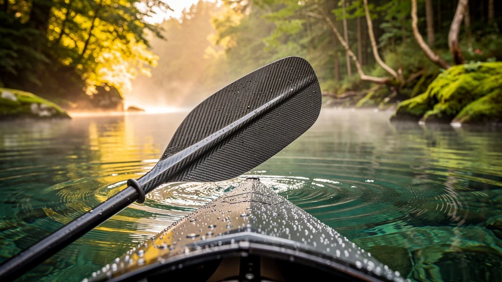 Pagaie kayak en carbone en action sur rivière claire, performance et efficacité mesurées en plein air