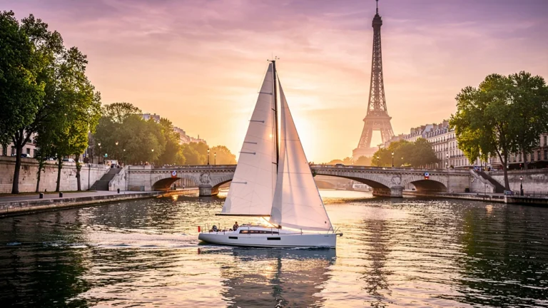 Sailboat gliding on the Seine River with Eiffel Tower in background, Paris voile ambiance réaliste et lumineuse