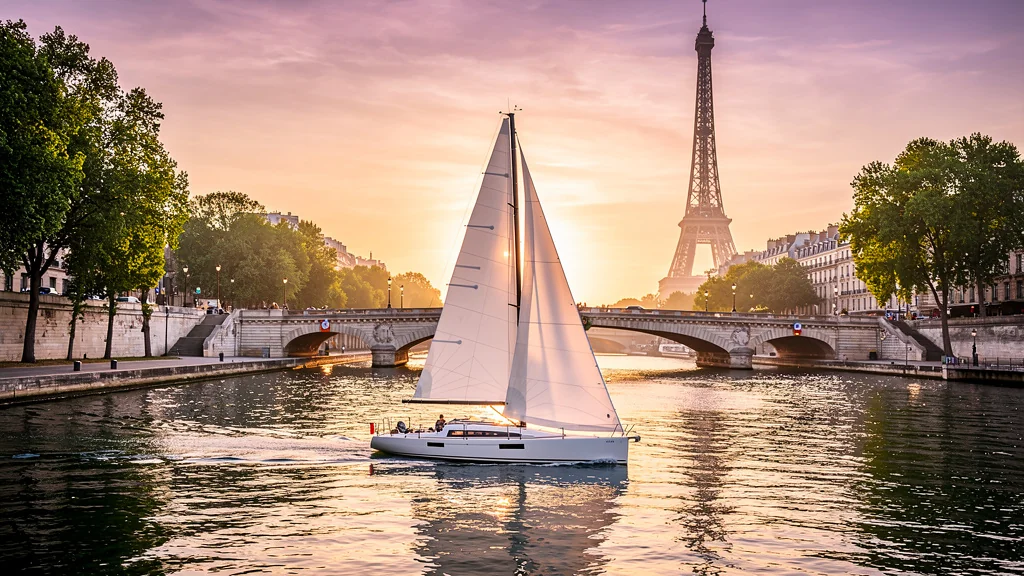 Sailboat gliding on the Seine River with Eiffel Tower in background, Paris voile ambiance réaliste et lumineuse