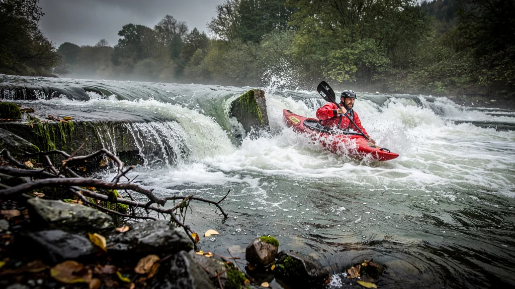 Photo réaliste d’une sortie kayak ratée en aval de Vernon avec seuils dangereux non repérés