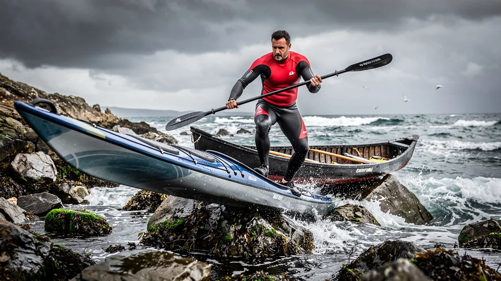 Transition du canoë au kayak de mer, équilibre instable sur rochers mouillés au bord de la mer agitée