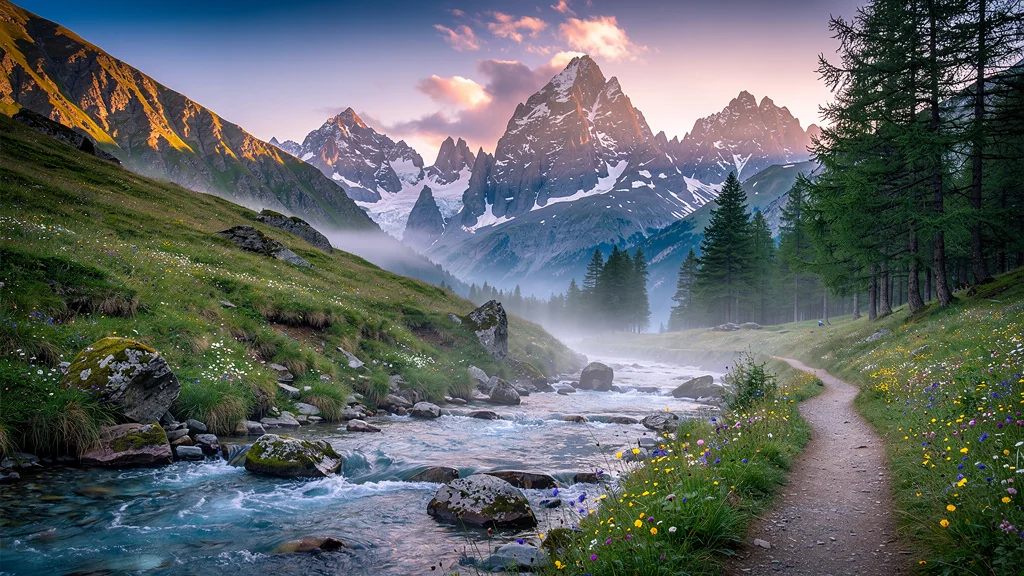 Paysage hyper-réaliste des Pyrénées au lever du jour avec rivière et montagnes enneigées, ambiance naturelle immersive