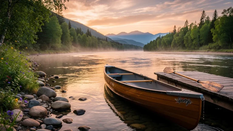 Paysage réaliste de rivière au coucher de soleil avec canoë-kayak Sportrip en premier plan