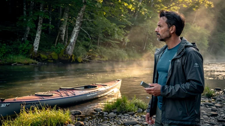 Portrait réaliste d’un rédacteur canoë-kayak au bord d’une rivière au lever du jour avec kayak et ambiance naturelle