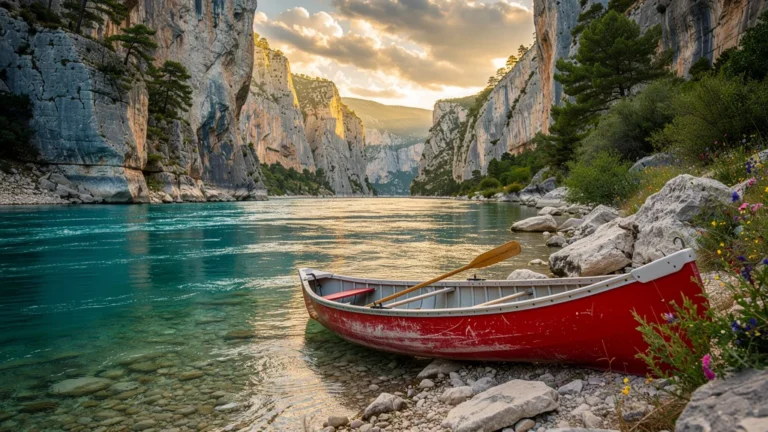 Canoë sur l'eau turquoise du Verdon au bord des falaises ensoleillées, paysage naturel spectaculaire