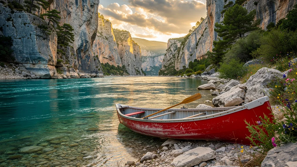 Canoë sur l'eau turquoise du Verdon au bord des falaises ensoleillées, paysage naturel spectaculaire